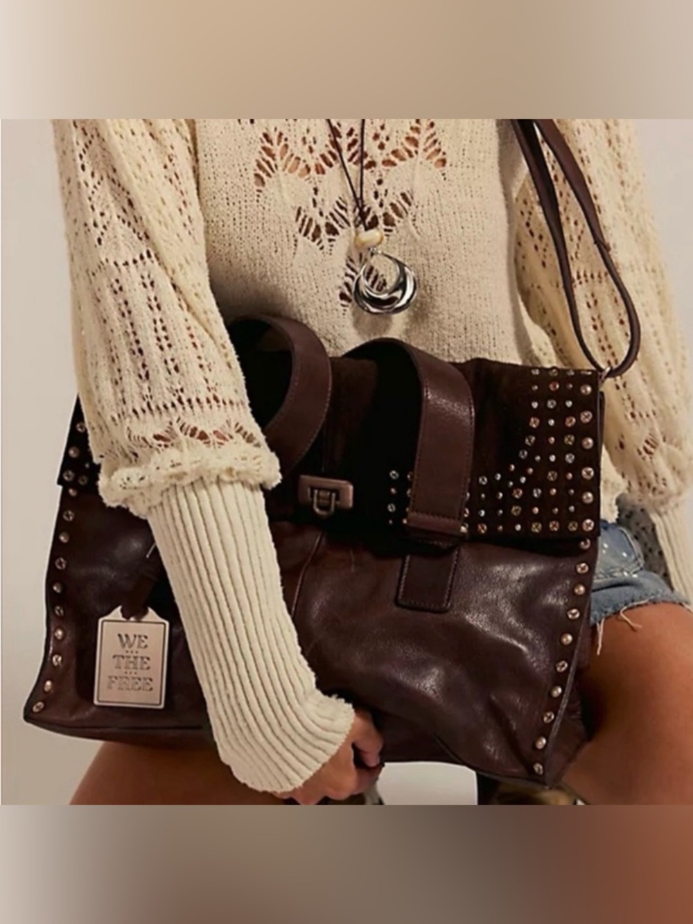 NWT FREE PEOPLE We The Free Shay Stud Tote Handbag Bag Studded Espresso Brown - Picture 3 of 13